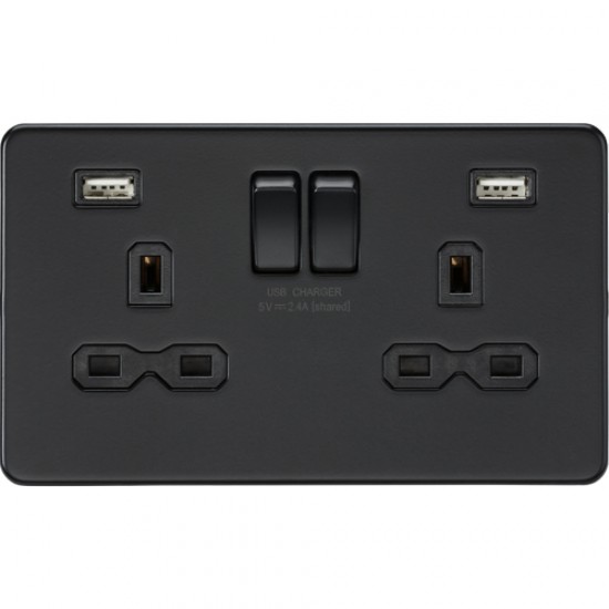 MLA Screwless Double Socket USB Matt Black